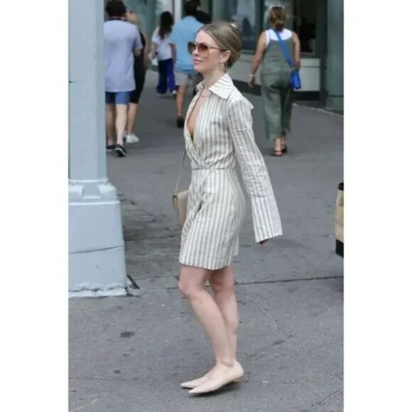 Nanushka Esma Striped Mini Wrap Dress Beige White Cotton Linen - Picture 5 of 12